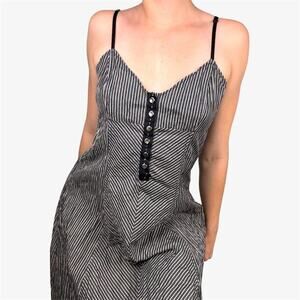Italian vintage navy white striped a line dress cinched waist button down - S